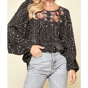 Savanna Jane Floral Embroidered Paisley Print Long Puff Sleeve Boho Peasant Top
